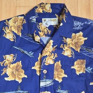 Mens United States Navy Hawaiian Kamp Shirt Blue & Yellow Floral w/Ship Subs +